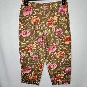 Talbots Stretch Floral Print Flat Front Capri Pants‎ Olive Green 10